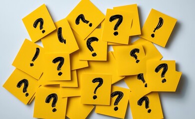 Multiple yellow sticky notes scattered on a white surface featuring hand-drawn black question marks and one exclamation mark conveying confusion and urgency