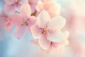 Close-up of delicate light pink cherry blossoms with soft focus background conveying a gentle and serene mood