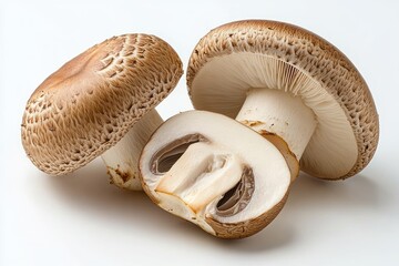 Three fresh whole and sliced brown mushrooms with detailed gills and textured caps on a white background