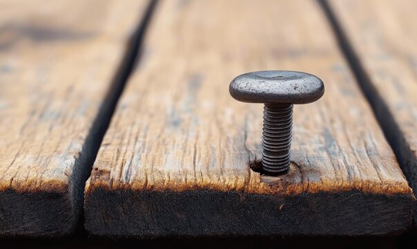 Close-up of rusty bolt fastened into weathered wooden planks with visible grain and cracks