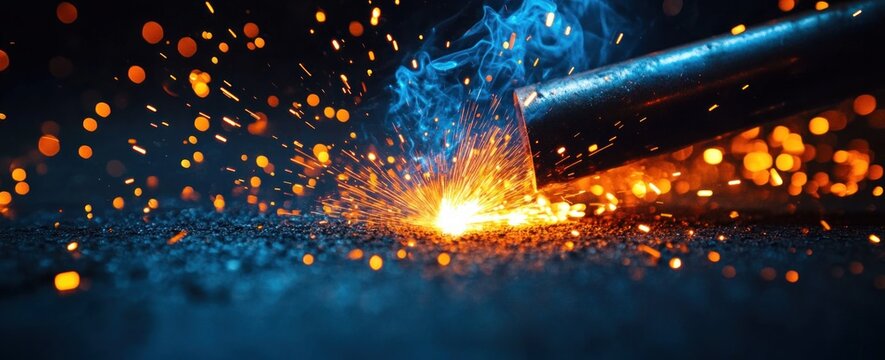 Close-up of a welding torch emitting bright sparks and blue smoke while cutting metal on a dark surface