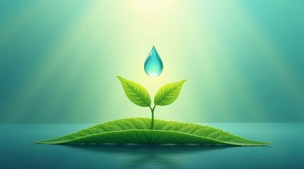 High-quality symbolic digital painting: A translucent tear drop of climate change impact falling onto a vibrant green leaf, from which a glowing renewable energy seedling sprouts towards warm light.