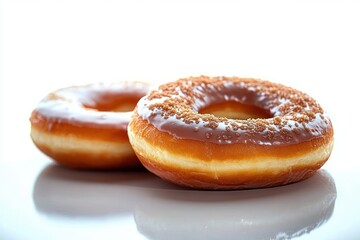 Two glazed doughnuts with chocolate icing and sprinkled crumbs on a reflective surface against a bright background