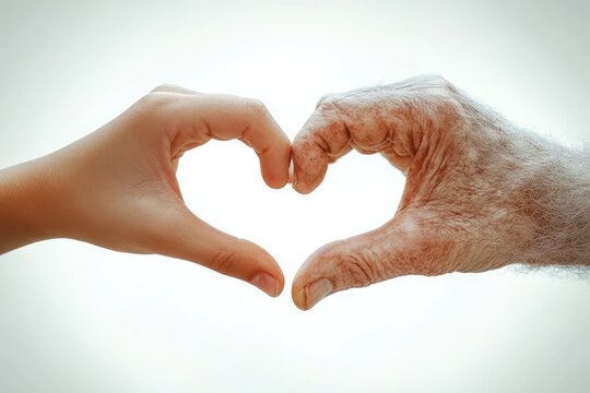 Close-up of two hands forming a heart shape, one young and smooth, the other aged and wrinkled, symbolizing connection and love across generations