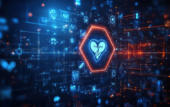 Futuristic digital interface displaying a glowing heart with heartbeat lines and various health-related icons in neon blue and orange hues