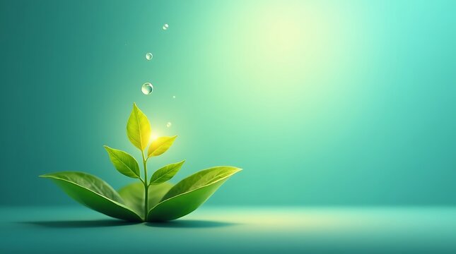 Eco-friendly digital painting illustrating environmental impact and hope: A tear drop on a vibrant leaf gives rise to a glowing seedling, representing sustainability and green energy against a serene 