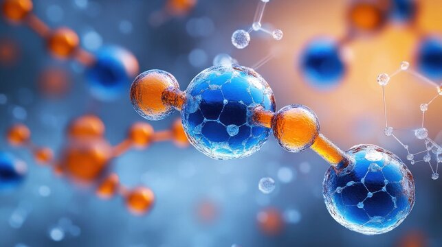 Close-up 3D visualization of interconnected blue and orange molecular structures representing chemical bonds and atomic connections in a scientific environment