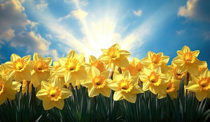 Bright yellow daffodil flowers blooming under a vibrant blue sky with sun rays shining through scattered clouds