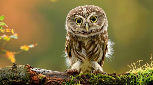 Cute Small Owl Sitting on Tree Branch in Forest Scene