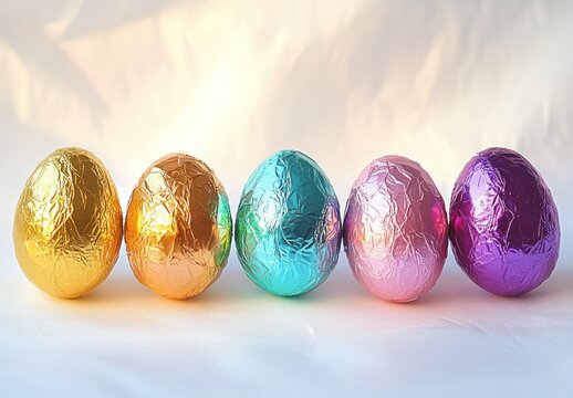 Five colorful foil-wrapped chocolate eggs arranged in a row with bright lighting and soft background