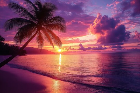 tropical beach at sunset with a silhouette of a leaning palm tree, calm ocean waves, dramatic colorful sky with purple and orange hues, and sun partially visible near the horizon - Powered by Adobe