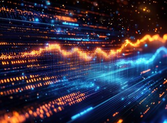 abstract visualization of dynamic data streams with glowing blue and orange lines and digital particles conveying technology and digital information flow