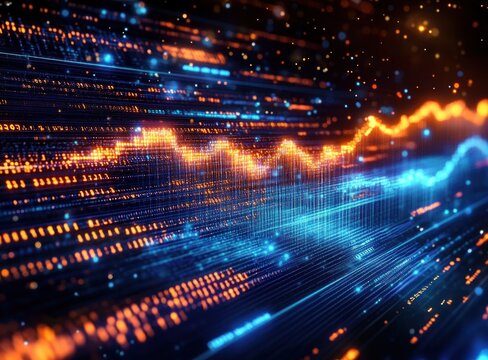 abstract visualization of dynamic data streams with glowing blue and orange lines and digital particles conveying technology and digital information flow