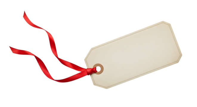 Blank beige gift tag with red ribbon isolated on transparent background
