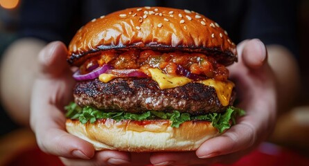 Close-up of a juicy grilled beef burger with melted cheese, fresh lettuce, sliced onions, tomato sauce, and a sesame seed bun held by two hands