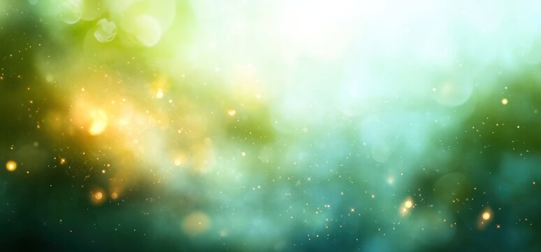 Abstract sparkling light particles floating in a gradient background of green, teal, and yellow hues creating a dreamy and magical atmosphere - Powered by Adobe