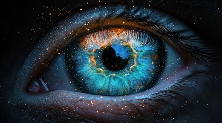 Extreme close-up of a human eye with vivid blue and orange colors and sparkling light effects creating a cosmic and mystical appearance