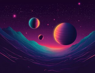 Vibrant outer space scene with colorful planets, starry purple sky, and glowing teal mountain landscape exuding a mysterious and otherworldly atmosphere