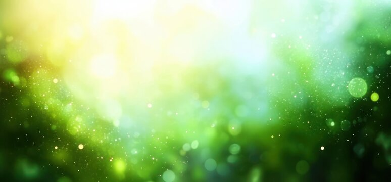 Bright glowing light filtering through a blurry green natural background with floating particles creating a serene and magical atmosphere