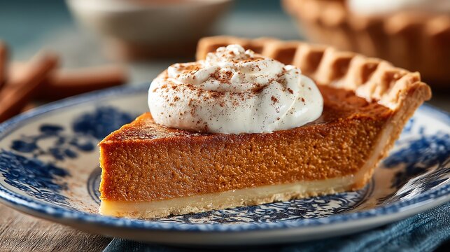 Slice of Pumpkin Pie with Whipped Cream and Cinnamon on Plate