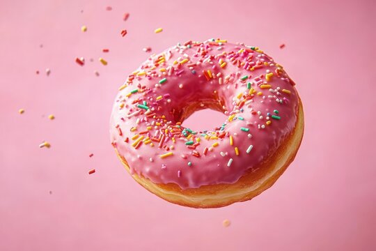 Close-up of a pink frosted donut with colorful sprinkles floating against a matching pink background with sprinkles falling around it