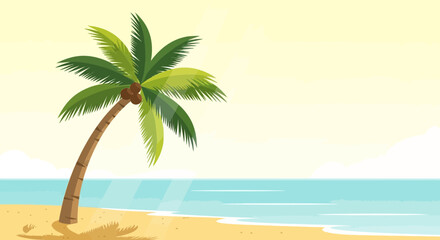 Obraz premium Cartoon tropical beach scene with palm tree and ocean perfect for relaxation background