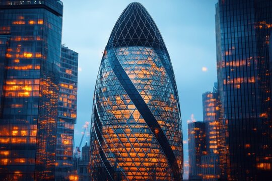 Futuristic glass skyscraper with illuminated interior surrounded by other tall buildings at dusk in an urban cityscape - Powered by Adobe