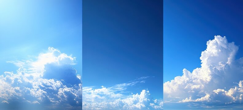 Three vertical segments showing bright blue sky with various types of white fluffy clouds and sunshine creating a serene and uplifting atmosphere