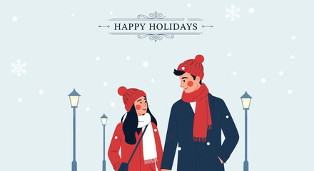 Charming vector illustration of a couple enjoying a snowy winter walk during the holidays filled