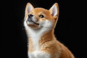 Obraz premium Close-up portrait of a small brown and white dog looking upwards with alert expression against black background