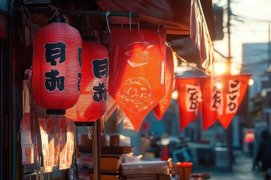 Row of red lanterns with black calligraphy hanging above a street market scene during golden hour - Powered by Adobe