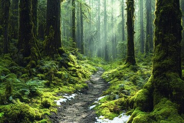 Obraz premium Moss-covered forest path winding through tall, dense trees in a misty, tranquil green woodland