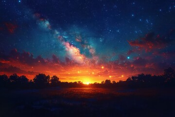 Fototapeta premium Vivid sunset landscape with glowing horizon, silhouetted trees, and a starry night sky featuring the Milky Way and scattered clouds creating a magical atmosphere