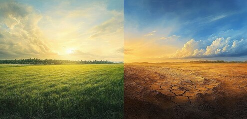 Contrasting landscape showing vibrant green grassy field with sunlight on the left and dry cracked barren soil under blue sky on the right, illustrating environmental change