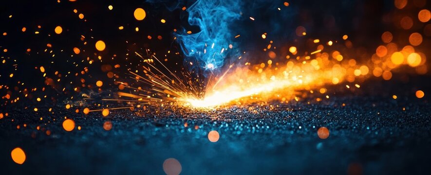 Bright orange sparks and glowing heat emitting from metal surface with rising blue smoke in dark environment