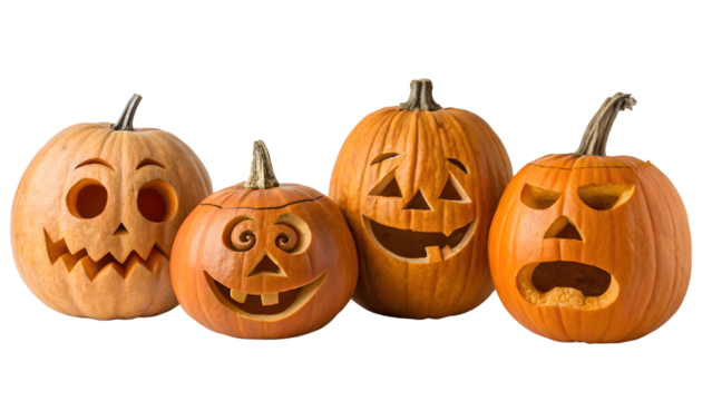 Four carved pumpkins with various expressions for Halloween decoration and celebration