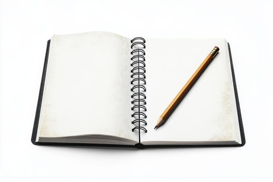 Open spiral notebook with blank aged pages and a sharpened wooden pencil resting on the right page symbolizing creativity and readiness to write