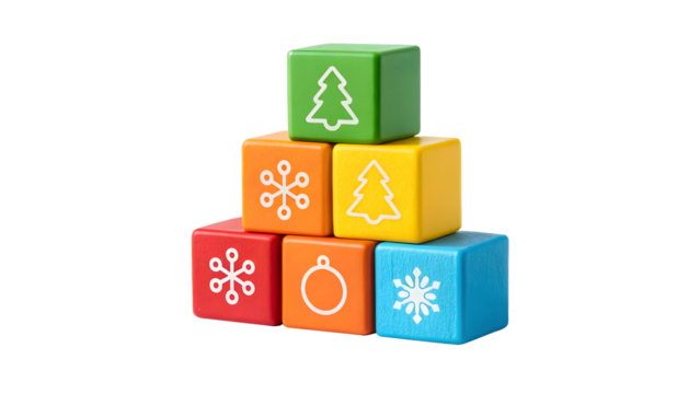 Colorful building blocks with holiday symbols stacked in a playful arrangement for children