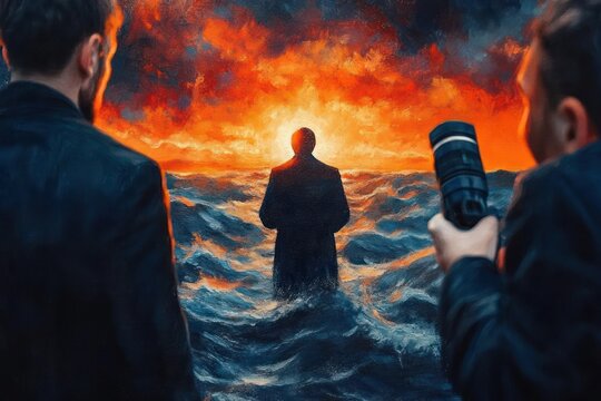 Two photographers capturing a solitary man standing in turbulent water with a fiery sunset in the background evoking drama and intensity