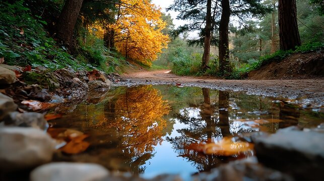 Autumn Forest Path with Puddle Reflection After Rain and Colorful Trees