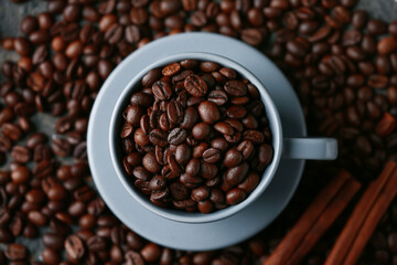 Cup with coffee beans on grey grunge background, closeup