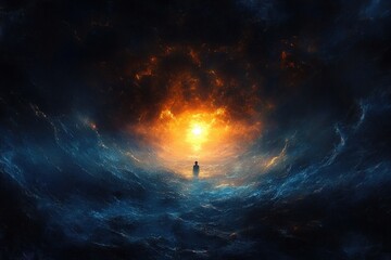 A lone figure stands amidst swirling dark blue and black clouds facing a radiant, fiery orange light source, evoking a sense of awe and contemplation in a cosmic atmosphere