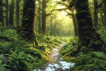 Sunlight filters through dense moss-covered trees illuminating a winding forest path with patches of remaining snow surrounded by lush green ferns and vegetation