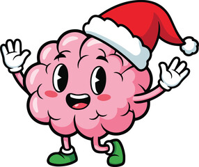 Cartoon Brain Character Wearing Santa Hat – Cute Christmas Education and Holiday Mascot Illustration