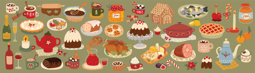 Christmas dinner spread with turkey, fish, wine, and delightful cookies and cakes for celebration.