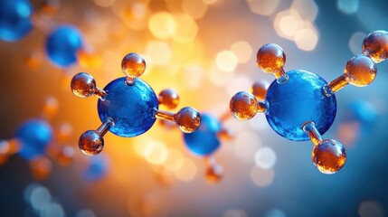 Close-up view of blue and orange molecular structures connected by small spheres, with a glowing abstract background, conveying a sense of scientific discovery and complexity