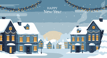 Festive winter village illustration with cozy houses and holiday lights