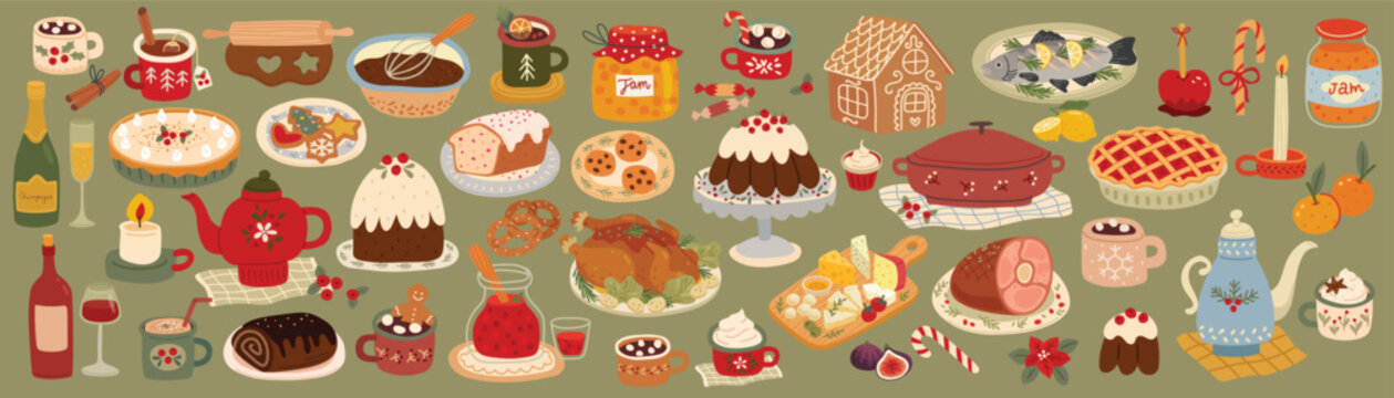 Christmas dinner spread with turkey, fish, wine, and delightful cookies and cakes for celebration.