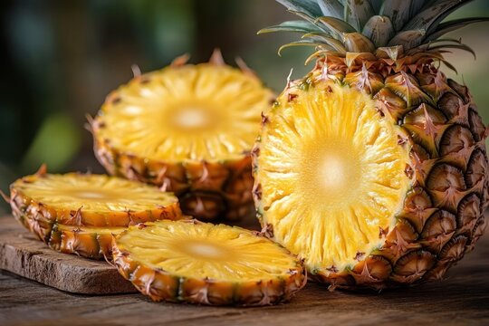 Fresh ripe pineapple sliced into rings placed on a wooden surface with a rustic blurred background