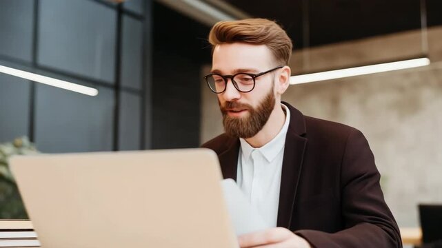 A man wearing glasses and a suit is smiling while looking at a laptop. He is happy and content with whatever he is doing on the computer